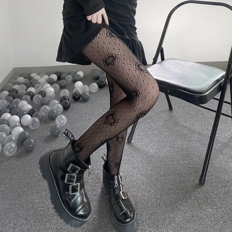 plus size knee high socks Women Black Heart Dot Jacquard Fishnet Pantyhose Punk Hollow Out Tights Black Heart Dot Jacquard Stocking Cosplay Party Lingerie smartwool socks women