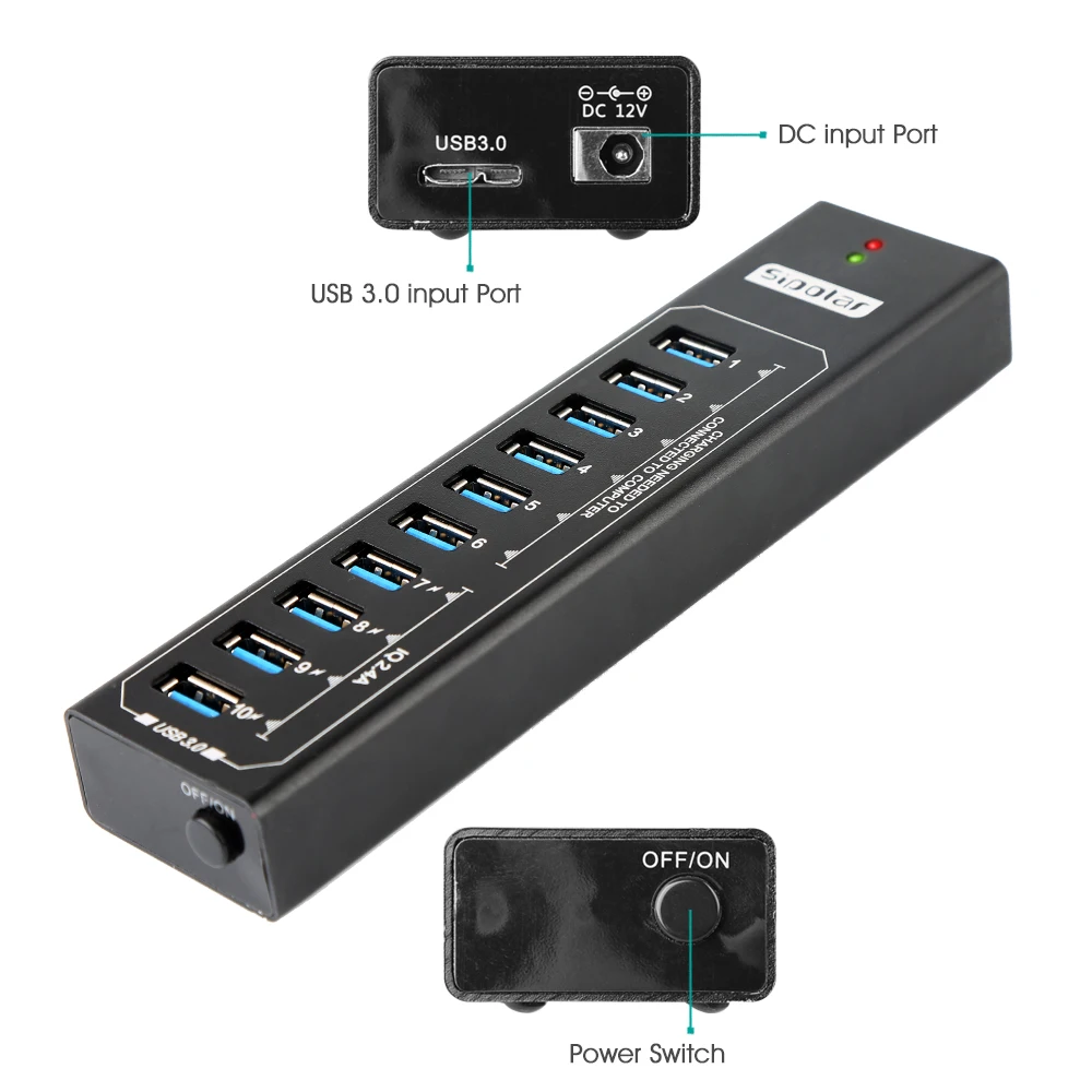  Sipolar Metal 10 puertos usb 30 hub con 12V3A adaptador de corriente 2.4A cargador usb hub estación