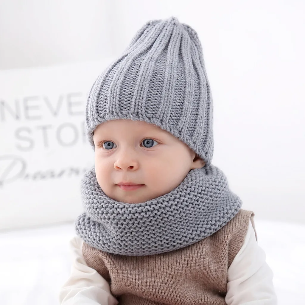 2PCs Children Cap Scarf Set Winter Solid Twist Knit Cap Thick Warm Windproof Scarf Hat czapka i komin tricotin снуд девочка#H