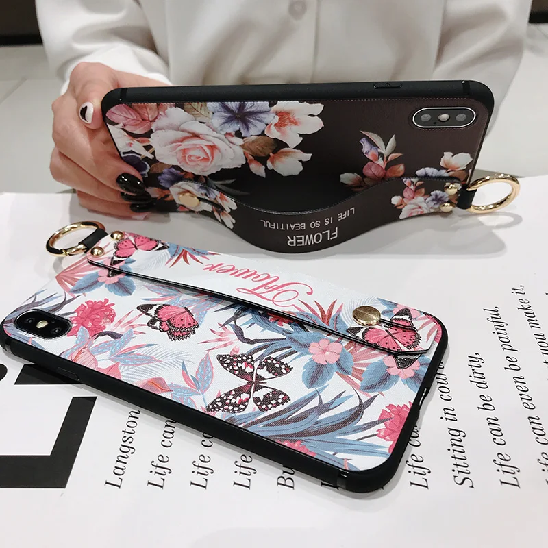 For Samsung Galaxy S8 S9 S10 plus S10e Note 9 8 Flower Floral Soft TPU Wrist Strap Phone Case Phone Holder Back Cover S10+ (11)