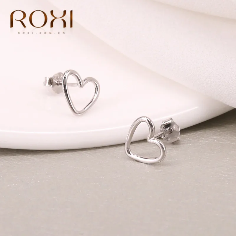 ROXI 925 пробы серебряные полые серьги-гвоздики в форме сердца для женщин милые маленькие серьги корейские ювелирные изделия brincos трендовые серьги для любви