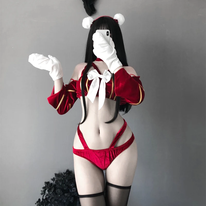 

Golden Velvet Sexy Breast Wrapping With Bowknot Uniform 3 Color Women Lingerie Kawaii 6Pcs Set Underwear Temptation Outfits