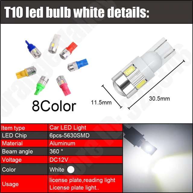 10PCS High Quality T10 W5W 6 LEDs 194 501 Auto 5630 SMD Car