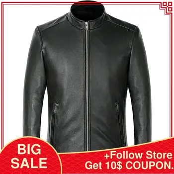 

2020 Black Men Slim Fit Biker's Leather Jacket Stand Collar Plus Size 5XL Genuine Cowhide Spring Russian Style Motorcycle Coat