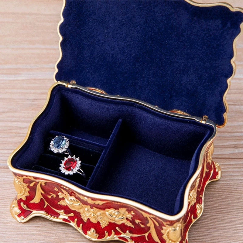 Luxury Vintage Rectangle Metal Alloy Jewelry Box Trinket Organizer Storage Box with Rose Pattern for Women, Girls