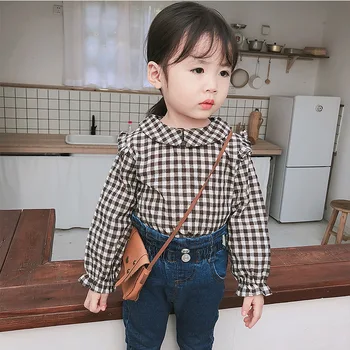 

2020 Autumn New Arrival cotton all-match plaid pattern Ear Fungus collar lovely Long Sleeved shirt for cute sweet baby girls