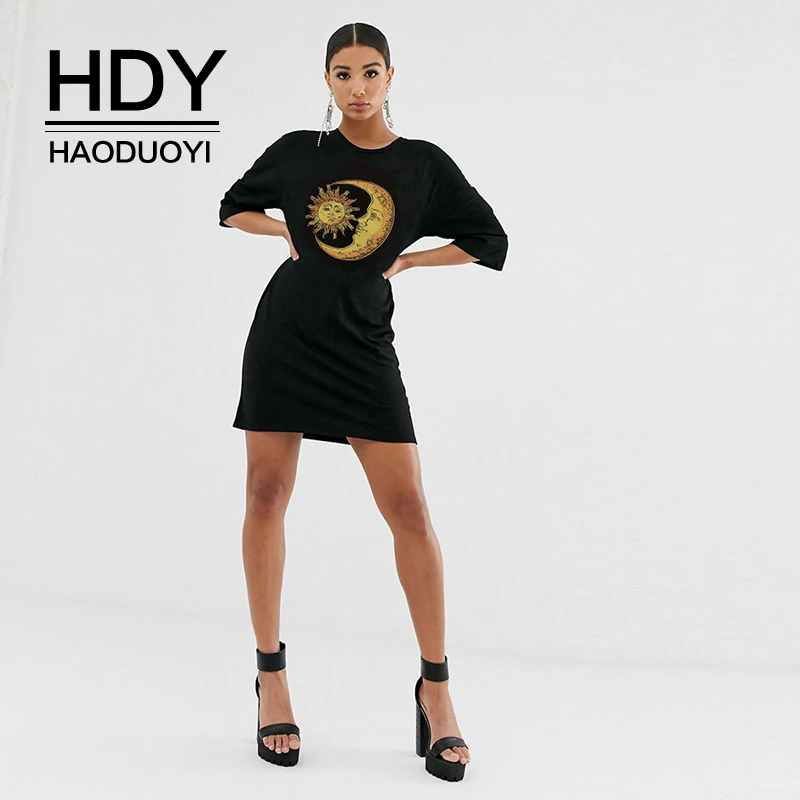 HDY Haoduoyi повседневное женское платье черное летнее свободного кроя с ярким