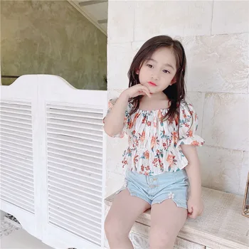 

Hollow Flower Tops New Summer Korean Style Puff Sleeve Baby Girls Princess Blouses Toddlers Kids Tops Children Pleated Shirts