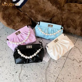 

Fashion Women Pleated Shoulder Handbag Pearl Chain Female Elegant Crossbody Messenger Bag Solid Satchel Pouch