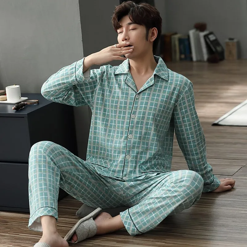

Plaid Sleepwear Cotton Men Pajamas Set Autumn Long Sleeve Pijamas Suit 2PCS Nightwear Casual Loose Shirt&Pant Plus Size Homewear