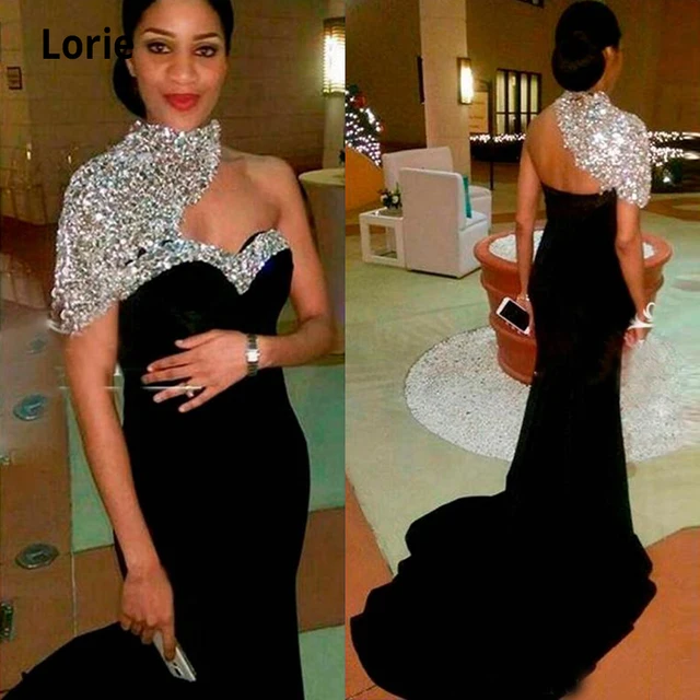 Lorie 2021 One Shoulder Black Formal Evening Dress Mermaid Satin Crystal Beaded Short Sleeves Prom Gowns Party Dresses Long 1