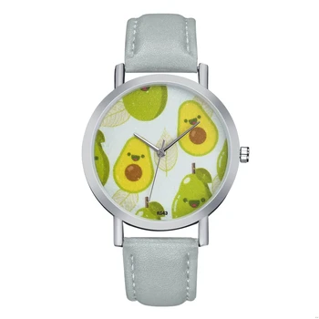

Casual Ladies Quartz Watch Pink Leather Strap Kawaii Fruit Pattern Silver Alloy Dial Watches For Women Gift Wristwatch Men Clock