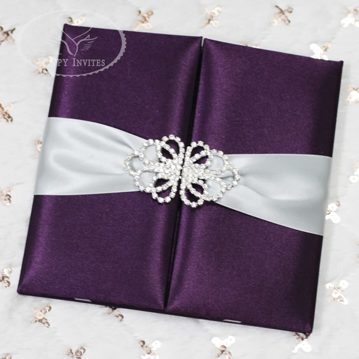 HI2003-101 Custom Dark Purple Silk Folder Wedding Invitation with Gold Foiling Printing Made in China More Colors Available Factory Price