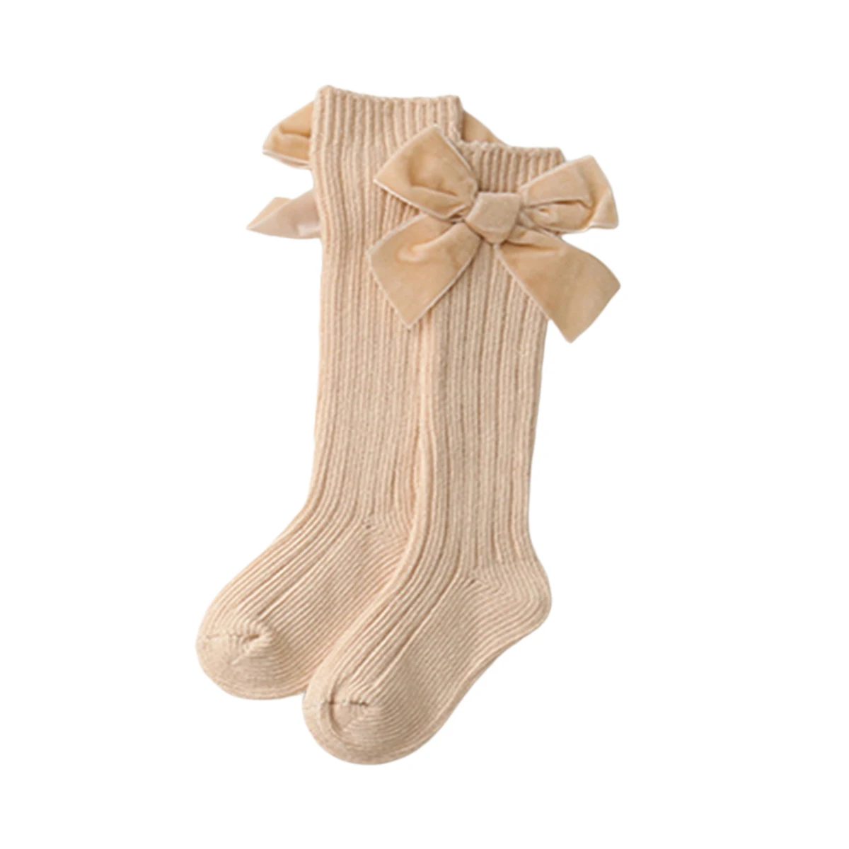 Baby Girl Knee High Rib Stockings Winter Warm Combed Cotton Knitted Stockings with Big Velvet Bow for Infants Toddlers 1-3Years cotton knee socks