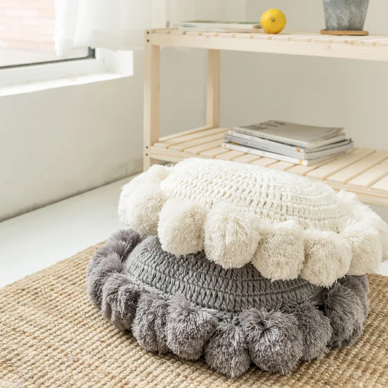Round Throw Pillow Tassel Pompoms Knitted Round Cushion Beige Home Decor Sofa Pillow Yoga Mat Hand Rests Kids Room Decoration