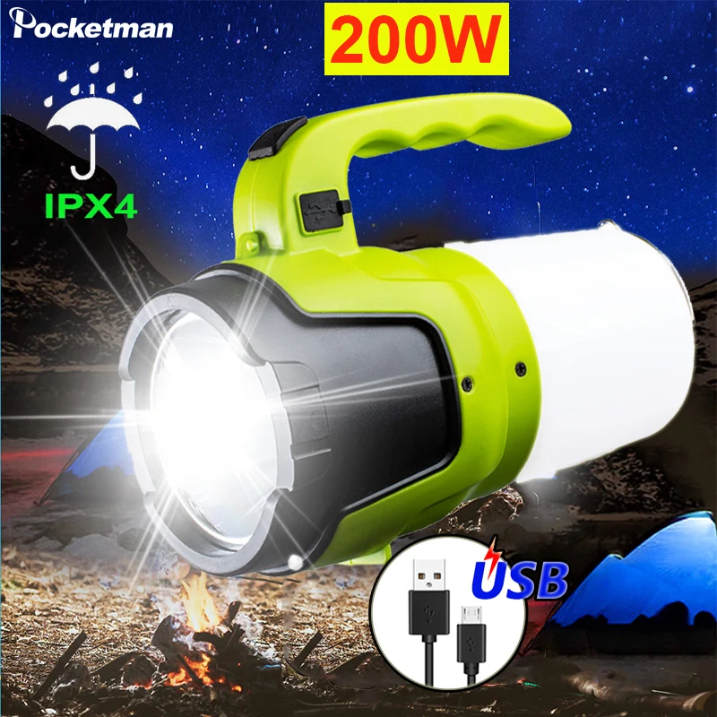 

High Power 200W Portable Work Light Waterproof Work Lamp USB Rechargeable Camping Light Built-in Battery Flashlight Torch