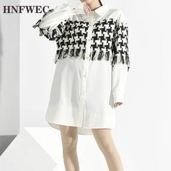 

2019 new turn-down collar full sleeves plaided tassels patchwork spliced single breasted shirt female blouse Y222