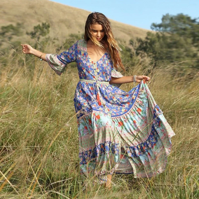 Летнее длинное женское платье с цветочным принтом Boho пляжное платье туника Макси платье женское вечернее платье Сарафан Vestidos