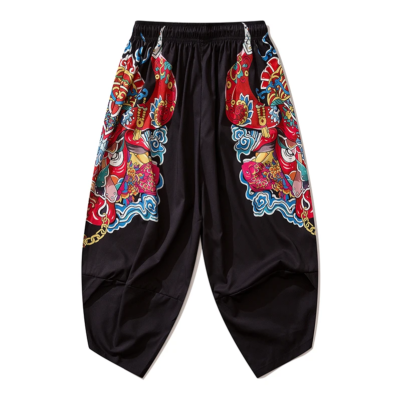 Bebovizi 2020 Japanese Style Harajuku Men Trousers Sakura Samurai Costume Loose Fashion Women Traditional Bloom Pants Haori