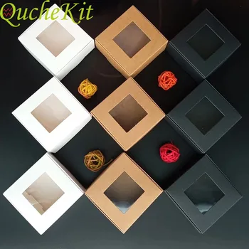 

100pcs Kraft Paper Gift Box For The New Year Clear Window Soap Case Chocolate Candy Wedding Christmas Goods Packaging Bags