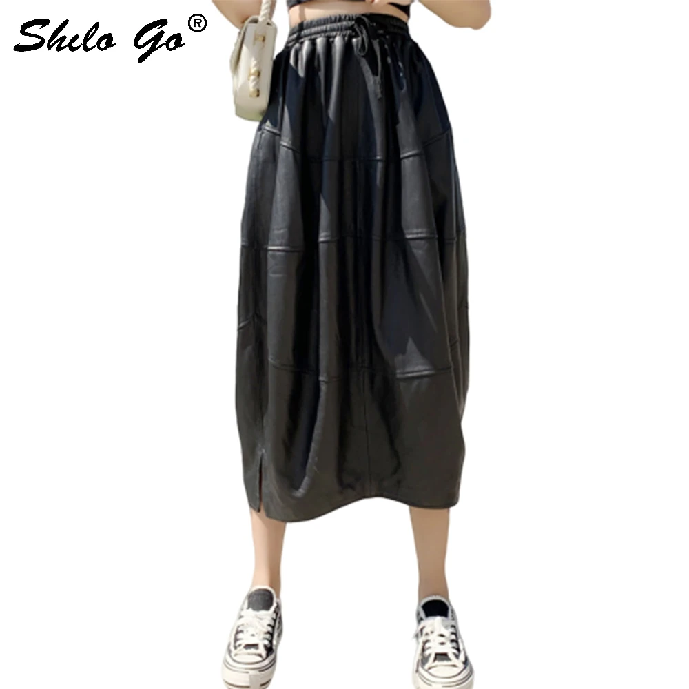 

Genuine Leather Skirts Black Minimalist High Waist Sheepskin Long Bud Skirts Women Autumn Winter Casual Elastic Waist Plus Skirt
