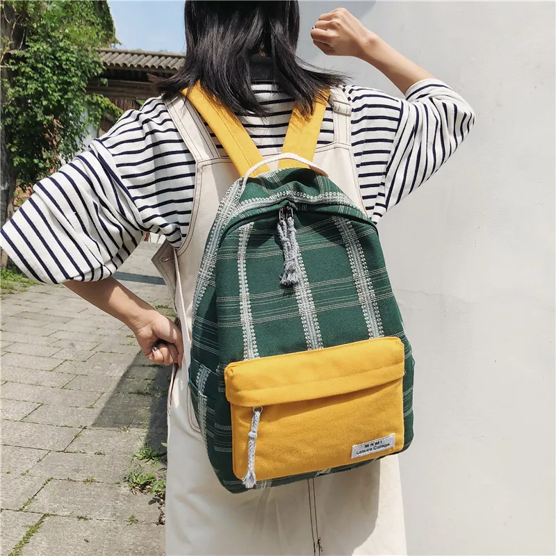 

Girl's backpack canvas student bag fashionable outdoor travel bag grid bag