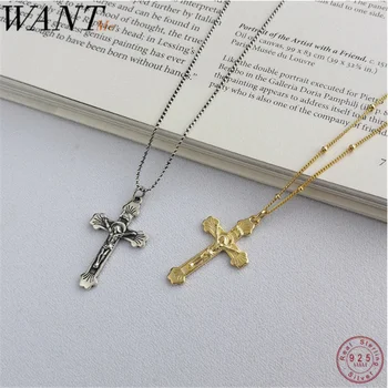 

WANTME New Genuine 100% 925 Sterling Silver Religion Christ Jesus Cross Charm Chain Pendant Necklace for Women Men Fine Jewelry