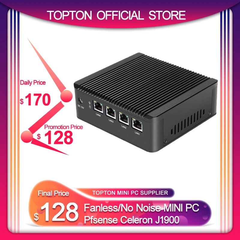 Topton безвентиляторный неттоп Мини ПК J1900 Четырехъядерный 4 * Intel WG82583 Gigabit Lan