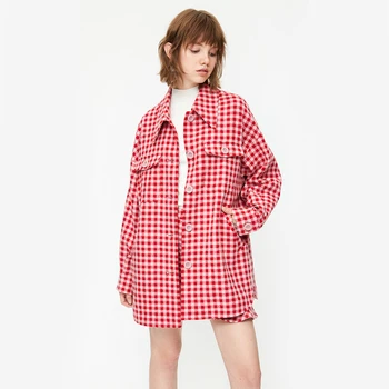 

2020 Lapel Plaid Jacket New Women Fashion Houndstooth Shirt Style Coat Long Sleeve Loose Casual Simple Spring Statement Elegant