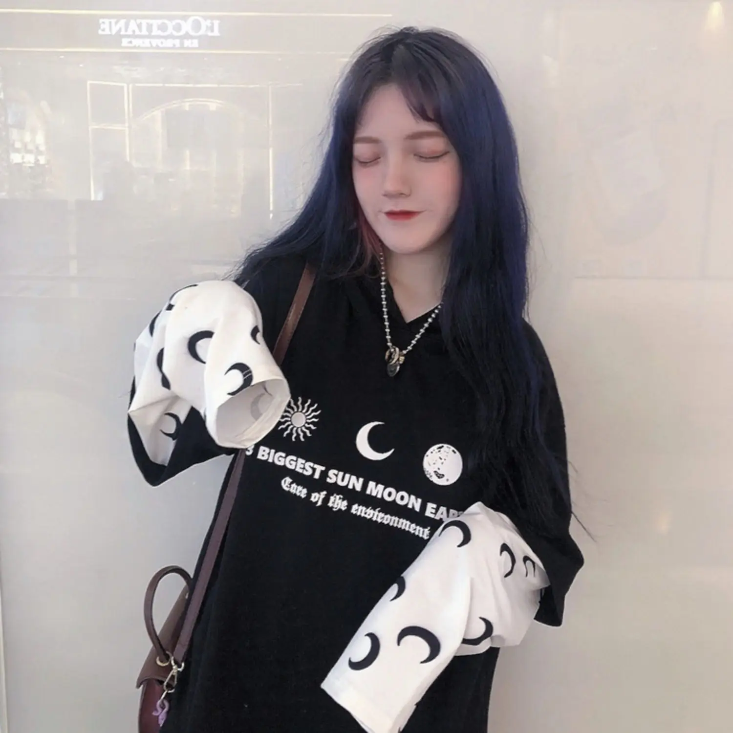 Harajuku уличная Винтажная Футболка для женщин, одежда, осень, корейский Ulzzang, с принтом, с капюшоном, Футболки женские, полный поддельные два