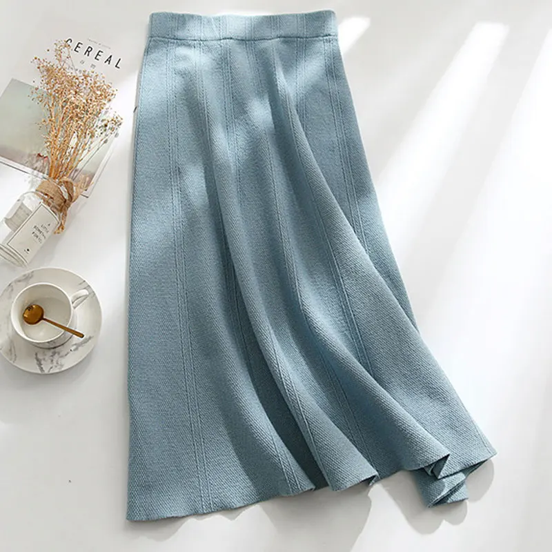 

2019 A-Line Kintted Skirts Women Autumn High Waist Solid Skirts Women Long Skirts Winter Pleated Skirt Elegant Jupe Femme Casual