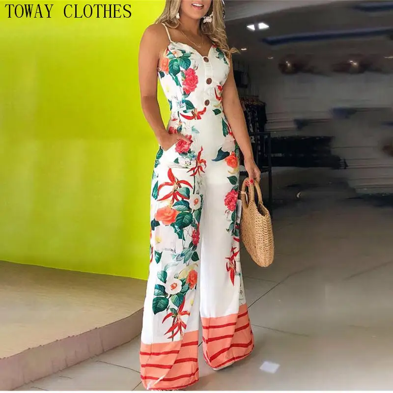 

Elegant Women Jumpsuits Overalls Brief V-Neck Casual Female Vacation Wide Leg Spaghetti Strap Floral Print Sexy Outfits