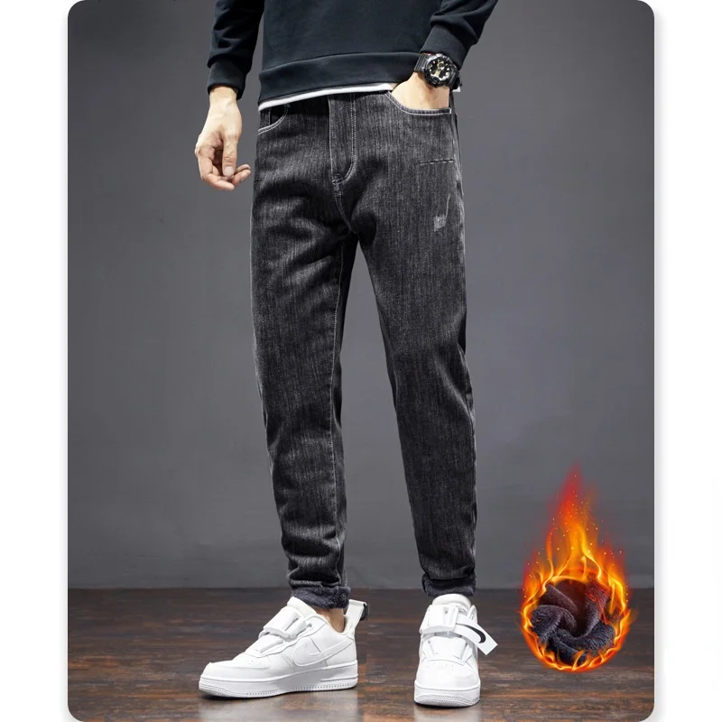 2021 Winter New Men's Warm Slim Fit Jeans Korean Fashion Thicken Denim Trousers Fleece Stretch Streetwear Retro Oversized Pants 1