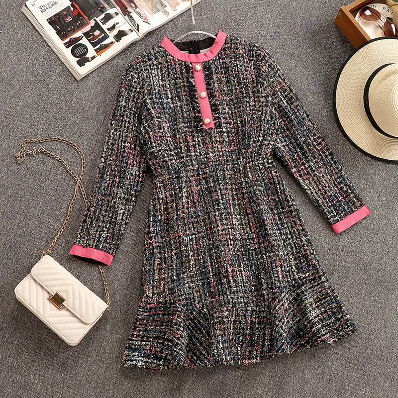 

2019 Autumn Winter Women Long Sleeves O Neck Tweed Fishtail A Line Dress Female Casual Dresses A1861