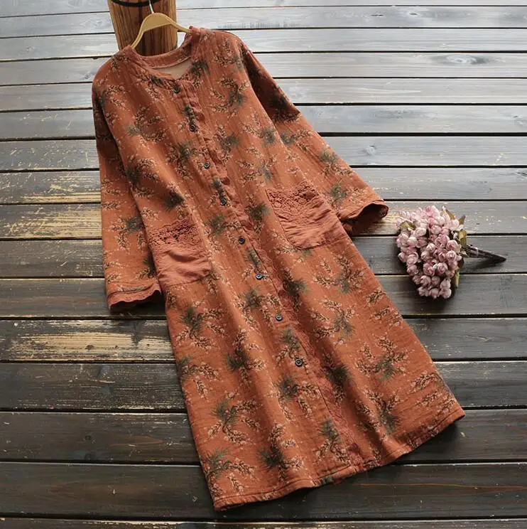 Женское платье из хлопка с цветочным принтом, на осень и весну, с длинным рукавом, с принтом, в винтажном стиле Mori, для девочек, свободное, повседневное, женское платье - Цвет: Оранжевый