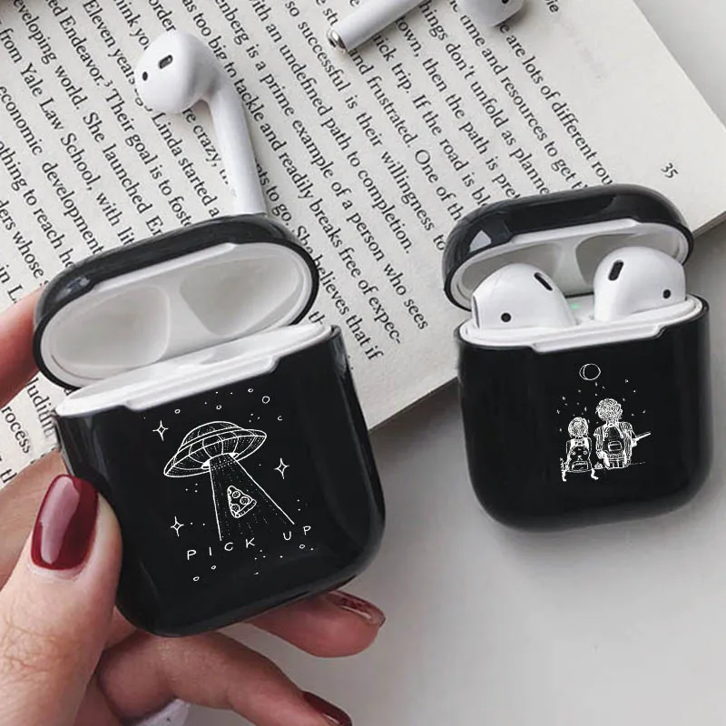Роскошный кейс для bluetooth-гарнитуры для Airpods 2/1 черный наушник аксессуары жесткий Airpods чехол UFO pick up пиццы звезды Планеты