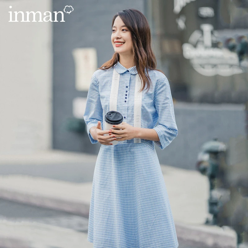 

INMAN 2020 Spring New Arrival Literary Cotton Mori Style Plaid Cute Grilish Medium Sleeve Dress