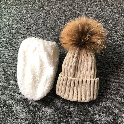 khaki hat Зимняя шапка для мальчиков и девочек, высококачественные бархатные шапки, натуральные шапки с меховым помпоном, популярный детский широкий берет-Боб - Цвет: khaki hat