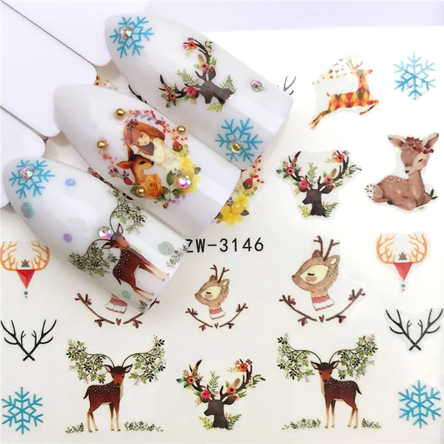 Nail Stickers Sliders For Nails Winter Sticker Elk Figure Nail Art Decorations Wolf Animal Transfer Watermark Water Slider YZW-3146