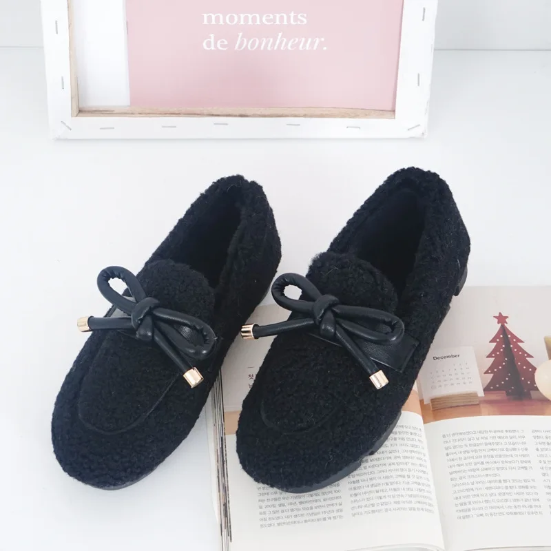

2019 Autumn And Winter New Style Outer Wear Slip-on Bow Fluffy Shoes Women's plus Velvet Warm Peas Cotton-padded Shoes