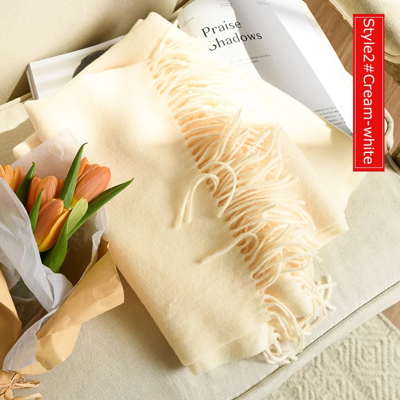 Style2 Cream White Высокое качество кашемировые шарфы женские новые зимние плотные теплые мягкие пашмины Шали Обертывания Твердые женские шерстяные длинные шарфы с кисточками - Цвет: Style2 Cream White