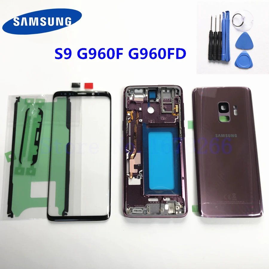 SAMSUNG Galaxy S9 G960 SM-G960F G960FD Полный Корпус Задняя стеклянная крышка средняя рамка