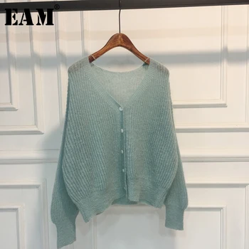 

[EAM] Green Big Size Knitting Cardigan Sweater Loose Fit V-Neck Long Sleeve Women New Fashion Tide Spring Autumn 2020 1X361