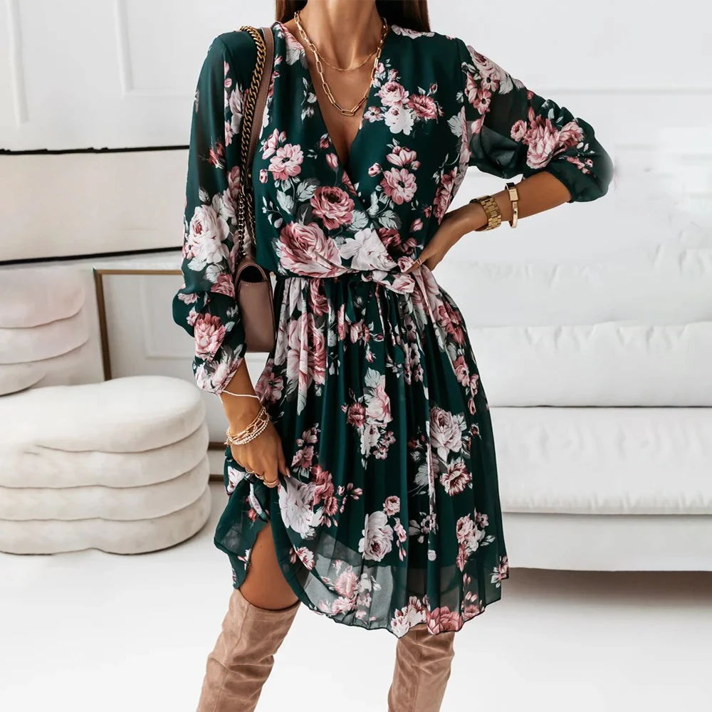 Chiffon Long Sleeve Floral Print Dress Women 2021 Autumn Casual Deep V Neck Green Pleated Office Dresses For Women Robe Femme summer dresses for women