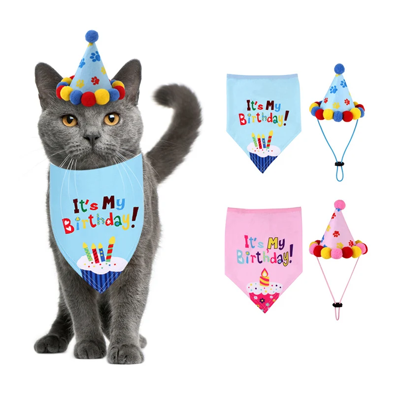 Super suave Feliz cumpleaños Saliva toalla Collar ornamental pañuelos impresos cachorro servilleta sombrero bufandas Baberos para mascotas rosa/azul