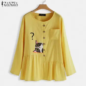 

ZANZEA Women Cat Printed Blouse Spring Long Sleeve Cotton Linen Shirt Casual Loose Tunic Tops Female Solid Blusas Plus Size