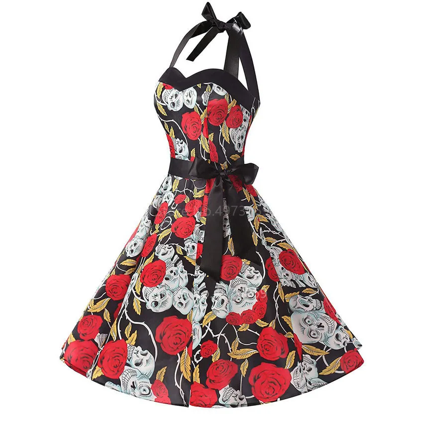 Halloween Sexy Scary Vampire Cosplay Cotume for Women Carnival Party Day of The Dead Horror Retro Skull Print Hanging Neck Dress