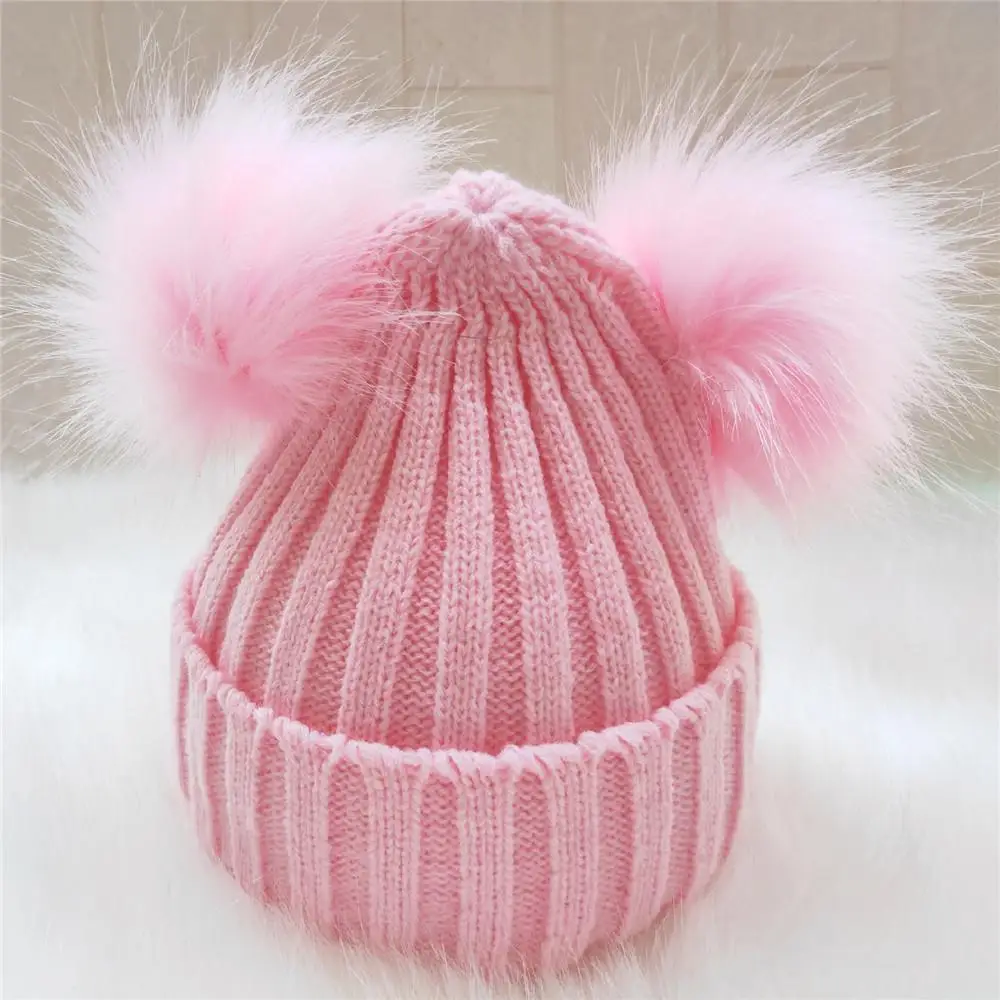 pink Amazon AliExpress Взрывные модели на eBay детская осенне-зимняя вязаная шерстяная шапка с двойным шариком шерстяная шапка с имитацией лисьего меха - Цвет: pink