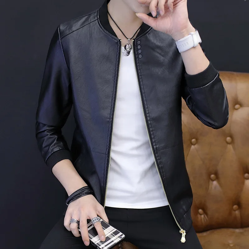 Teenager Leather Coat Men's Autumn& Winter Korean-style Slim Fit Students Coat Stand Collar Jackets Trend Handsome PU Leather J