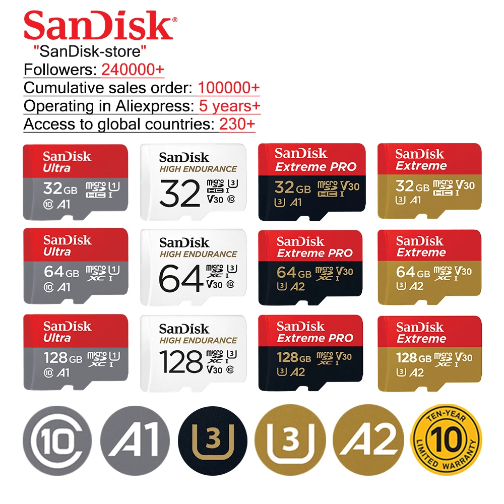 SanDisk Ultra Memory Cards 16GB 32GB 64GB 128GB micro SD Card microSDHC microSD UHS-I tf card A1 for Smartphone 10 year warranty